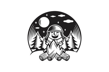 Character near Campfire with Moon, Stars, and Trees Icon Silhouette on White
