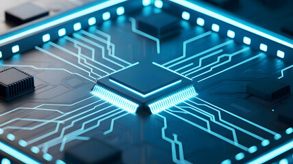 Modern CPU Microchip with glowing blue circuits on a dark motherboard
