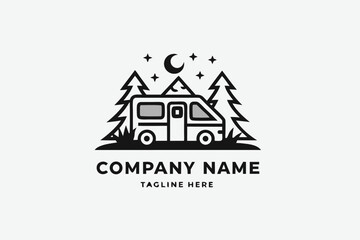 Line art Campervan with Pines, Moon and Stars on White Background Design