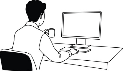 Businessman working at desk with computer monitor, drinking coffee, office workspace illustration, modern workplace concept, professional lifestyle design.