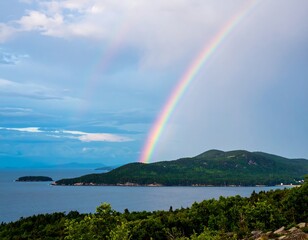 Scenic landscape featuring a vibrant rainbow over Acadia National Park in Maine