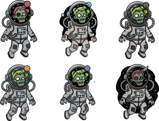 Zombie astronaut cartoon character set, six undead monsters floating in space, wearing sci-fi spacesuits with planets and exposed brains.