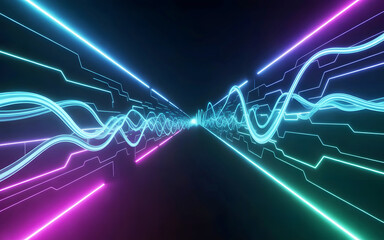 Obraz premium Neon light waves flowing through a digital circuit tunnel background