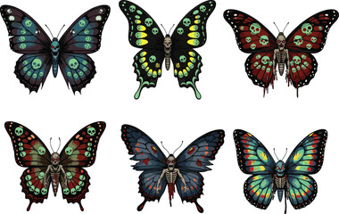 Gothic butterfly illustration with skull motifs, skeleton wings, blood drips, dark fantasy insect design for horror vector art and decor