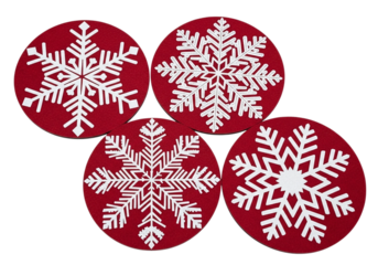 Four red snowflake coasters isolated on transparent background