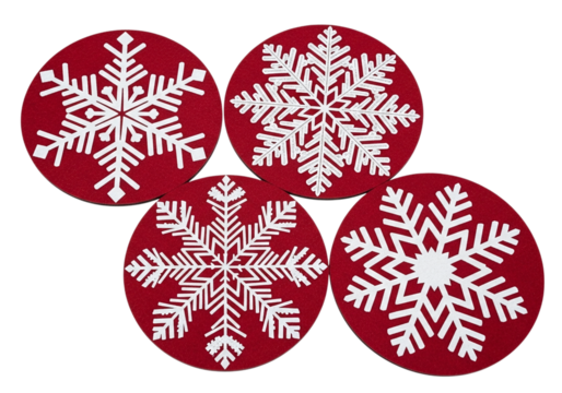 Four red snowflake coasters isolated on transparent background