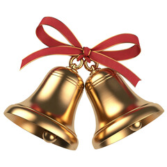 Golden Jingle Bells with Red Ribbon Bow, Isolated on Transparent Background