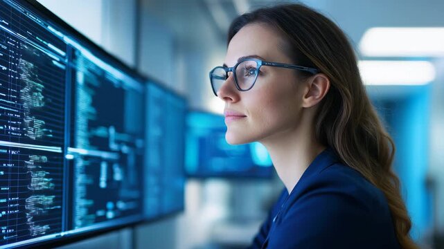 Confident woman programmer analyzing computer code modern office, focused technology and coding
