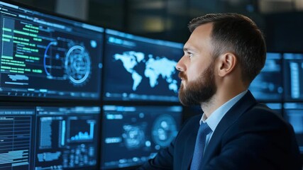 Businessman Computer Data Analysis Technology Office Working Professional Monitoring Digital Screens - Powered by Adobe