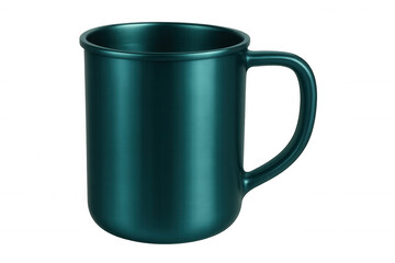 Teal metallic mug gleaming against transparent backdrop, complementing graphic design presentations with vibrant contemporary style