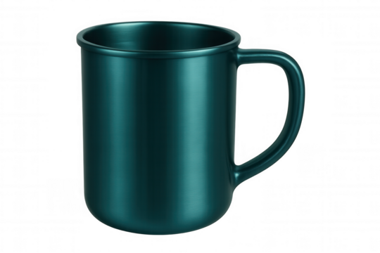 Teal metallic mug gleaming against transparent backdrop, complementing graphic design presentations with vibrant contemporary style
