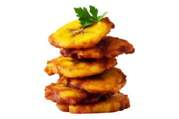 Colombia Patacones fried green plantains slices stacked in mid-air, isolated on white transparent background, tropical fast food concept