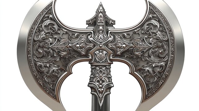 Ornate, double-bladed axe with intricate floral and geometric metal detailing - Powered by Adobe