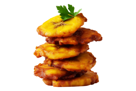 Colombia Patacones fried green plantains slices stacked in mid-air, isolated on white transparent background, tropical fast food concept