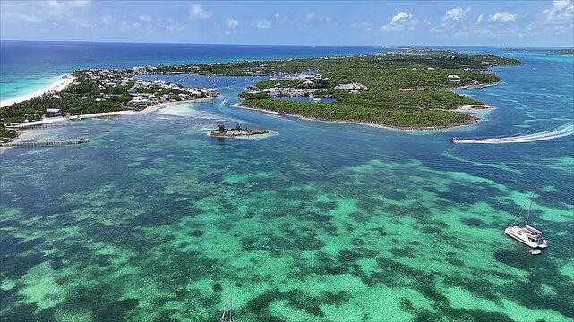 Flying the drone over the entrance to HopeTown, Elbow Key Bahamas