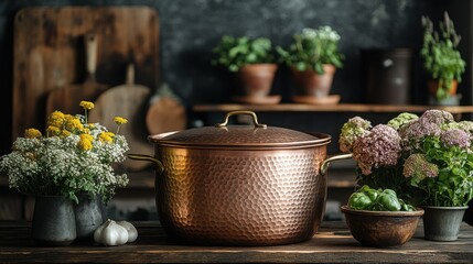 Captivating copper pot rests against a rustic backdrop, illuminated by soft light, evoking nostalgia for traditional cooking methods