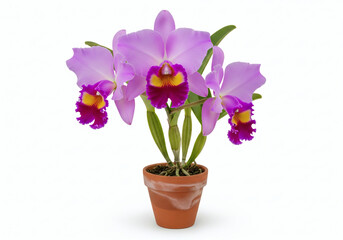 Obraz premium Potted Cymbidium Orchid Plant with Vibrant Green and Red Blooms - A Clean Studio Shot on a White Background with Copy Space.