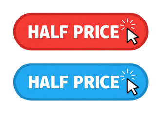 Two oval buttons with half price text isolated on transparent background