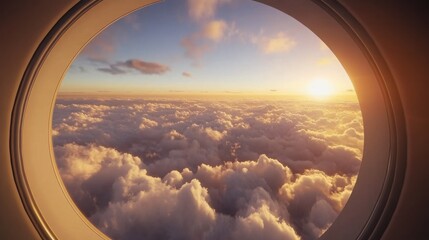 Stunning view of a vibrant sunset through an airplane window with fluffy clouds and endless skies above