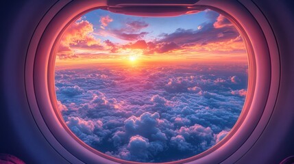 A captivating sunset illuminates the sky, viewed from inside an airplane. Fluffy clouds stretch across the horizon, creating a serene atmosphere high above the world.