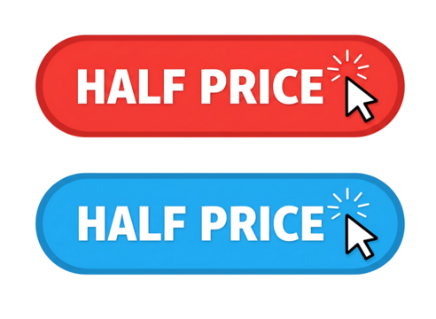 Two oval buttons with half price text isolated on transparent background
