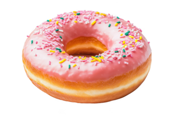 Delicious pink frosted donut with sprinkles, bakery treat, sweet dessert, food photography, isolated on transparent background