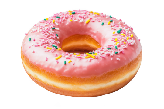 Delicious pink frosted donut with sprinkles, bakery treat, sweet dessert, food photography, isolated on transparent background - Powered by Adobe