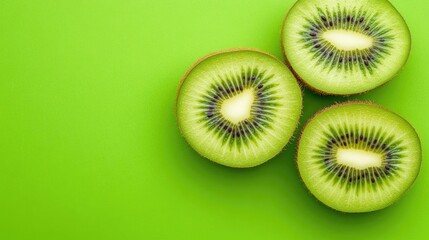 Fresh kiwi slices on a vibrant green background, showcasing the unique texture and color of this delicious fruit, perfect for health-conscious recipes and culinary presentations.