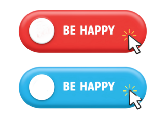 Two be happy buttons with mouse cursor click isolated on transparent background