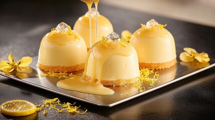 Cheesecake dome glazing technique showcasing three lemon desserts with glossy finish on metallic serving tray in restaurant setting