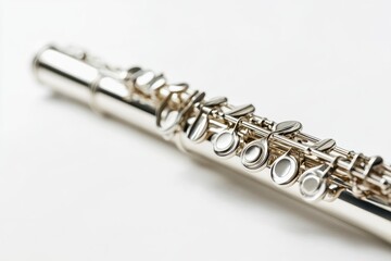 Fototapeta premium A close-up of a silver flute showcasing its intricate keys and polished surface, highlighting the artistry and craftsmanship of musical instruments.