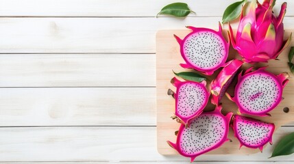Freshly sliced dragon fruit on a wooden cutting board, showcasing vibrant pink skin and dotted white flesh