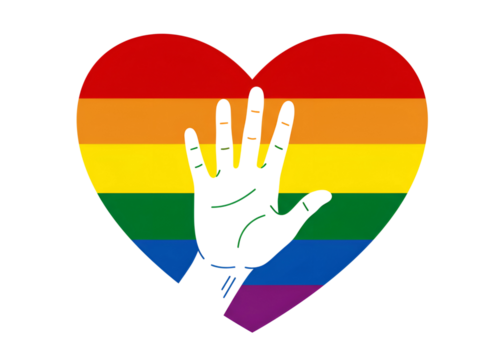 White hand reaching out from a rainbow heart isolated on transparent background