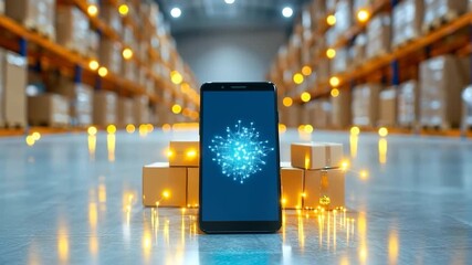 Smartphone Warehouse Package Technology Logistics Glowing Digital Innovation Modern Network Boxes - Powered by Adobe
