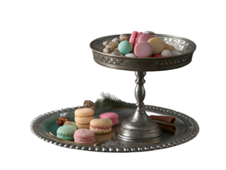 Silver tiered stand holding colorful french macarons and assorted confections isolated on a transparent background
