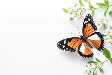 Obraz premium A vibrant butterfly rests gracefully on delicate white flowers and green leaves, showcasing the beauty of nature and the intricate details of insect life in a serene environment.