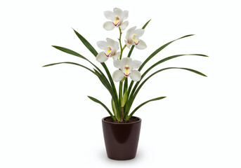 Potted Cymbidium Orchid Plant with Elegant White Blooms - A Clean Studio Shot on a White Background with Copy Space.