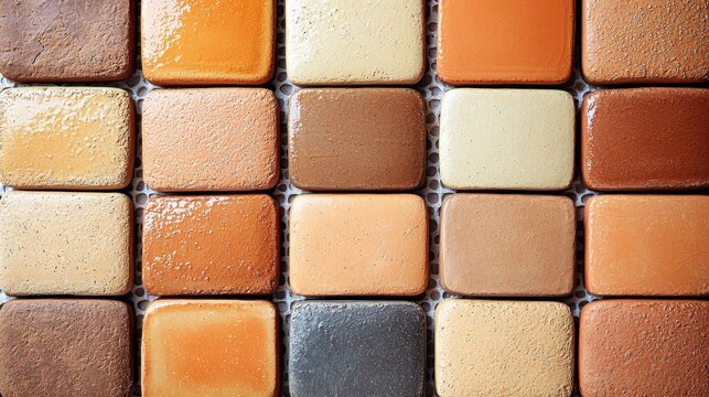 Glazed clay background ceramic tiles seamless pattern earth tones terracotta amber ochre natural texture web design backdrop overhead lighting composition