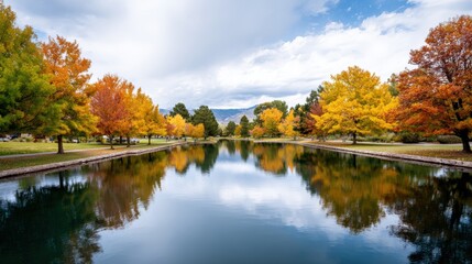 Serene landscape featuring a tranquil pond surrounded by vibrant autumn trees reflecting in the water under a cloudy sky, capturing the essence of nature's beauty and seasonal change