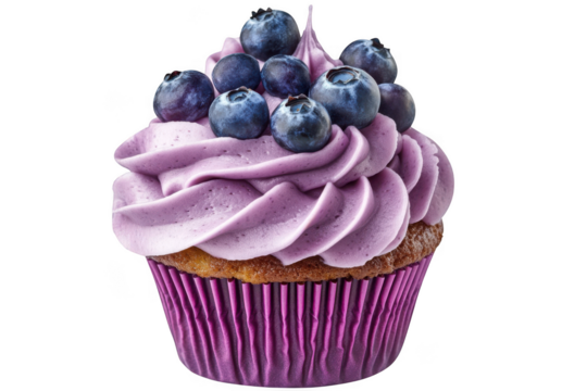 Delicious blueberry cupcake with purple frosting and fresh blueberries png, dessert food photography, sweet treat, isolated on transparent background - Powered by Adobe