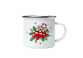 Christmas mug with holly and candy cane isolated on transparent background