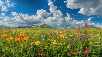 Obraz premium Vibrant Wildflower Meadow Against Mountain Range and Blue Sky