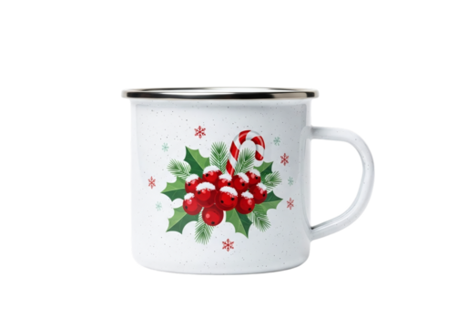 Christmas mug with holly and candy cane isolated on transparent background