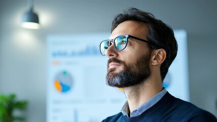 Confident businessman with beard and glasses analyzing data charts professional modern office - Powered by Adobe