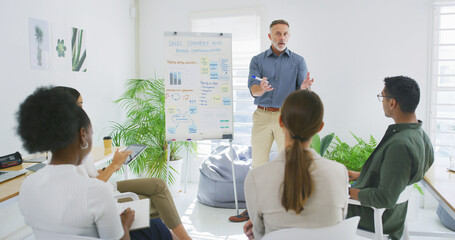 Business man, team and whiteboard in presentation for eco friendly startup, sales strategy or stats. Sustainable finance manager, people and meeting with graphs for ESG metrics or brand communication