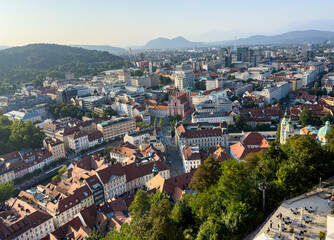 View to the north from from Ljubljana Castle with old town on foreground, Ljubljana, Slovenia.