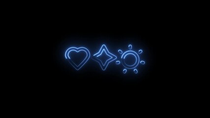 Glowing blue neon heart star sun icons on black background abstract digital animation - Powered by Adobe
