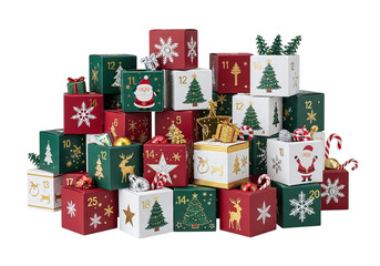 Pile of christmas advent calendar gift boxes isolated on transparent background