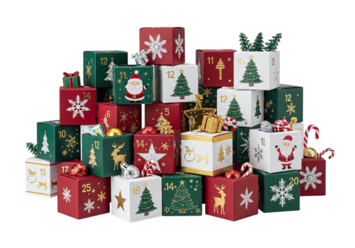 Pile of christmas advent calendar gift boxes isolated on transparent background