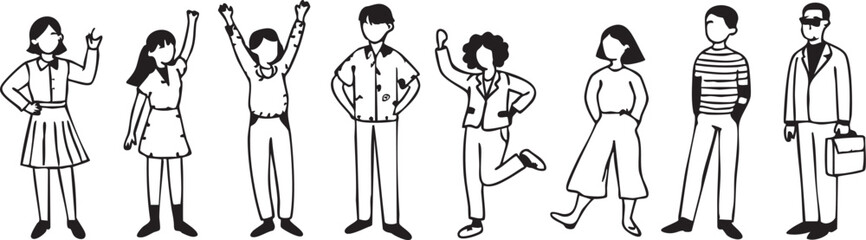 Vector illustration: diverse group of people line art, cartoon style eps silhouette